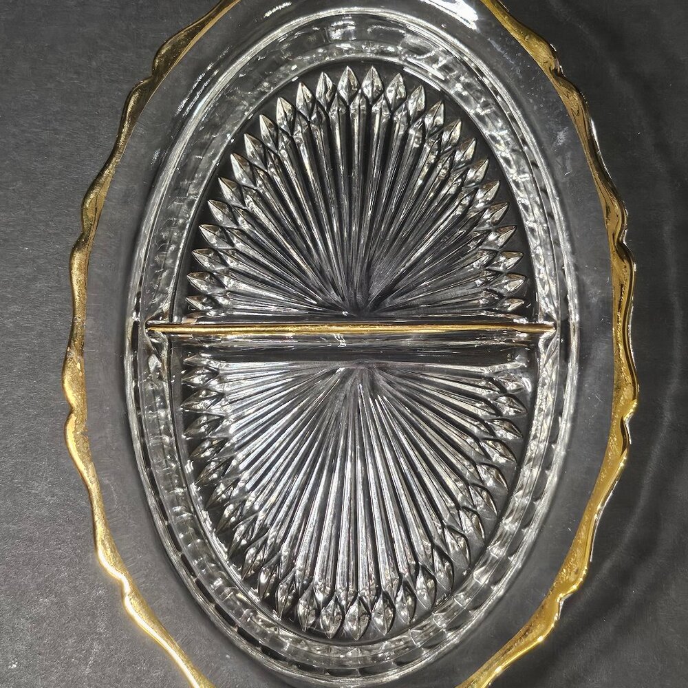 Vintage Depression Jeannette Starburst Clear Divided Oval Glass Dish Gold Trim